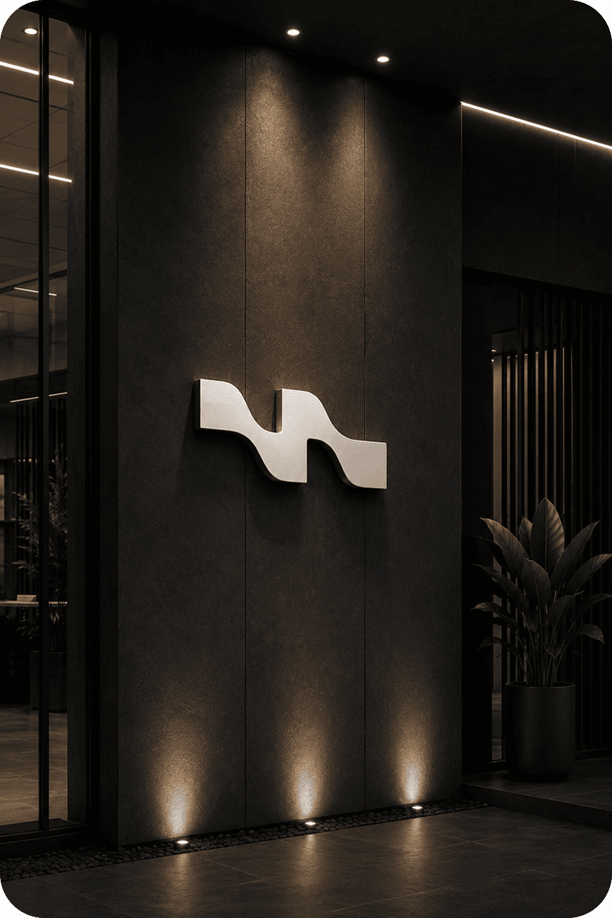 Office lobby with the Macropay wordmark lit on the wall