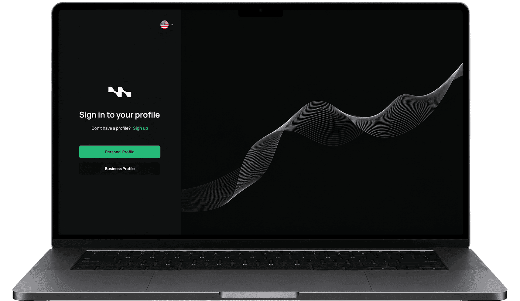 Laptop showing the Macropay sign-in screen with Personal and Business profile options